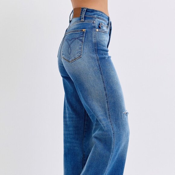NEW Judy Blue Full Size Distressed High Waist Wide Leg Jeans - Picture 5 of 9
